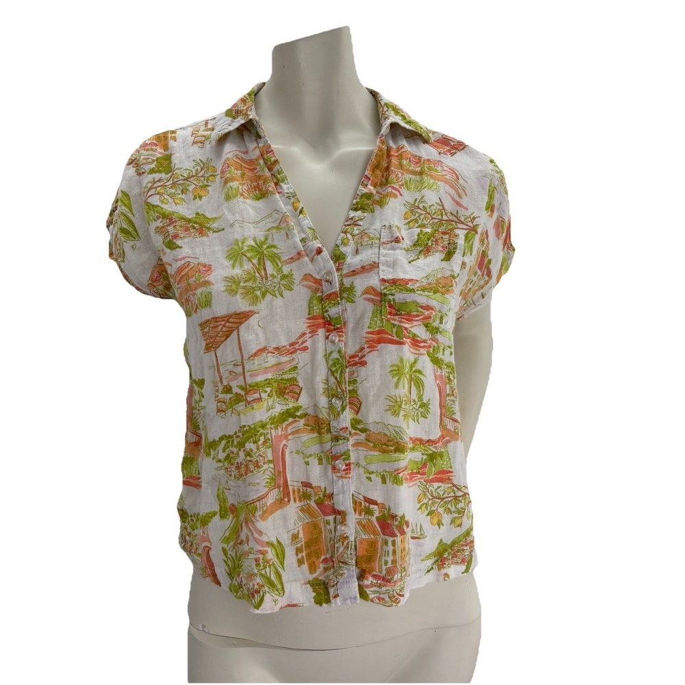 Cynthia Rowley 100% Linen Crop Shirt M Tropical Coastal Resort Print Button Vaca